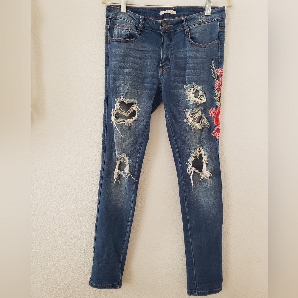Distressed Medium Wash Low Rise Skinny Jeans with Embroidered Flower Detail